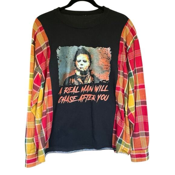 Michael Myers shirt, reworked plaid and tee, Halloween movie, Large - Picture 4 of 5